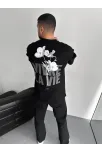 Baskılı Oversize Bisiklet Yaka T-shirt - Siyah