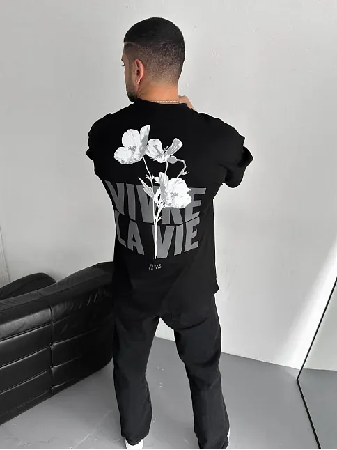 Baskılı Oversize Bisiklet Yaka T-shirt - Siyah