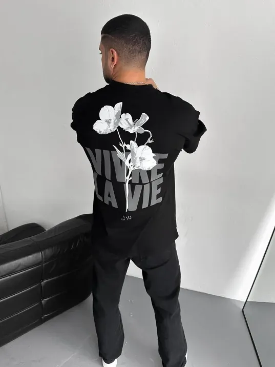 Baskılı Oversize Bisiklet Yaka T-shirt - Siyah Baskılı Oversize Bisiklet Yaka T-shirt - Siyah