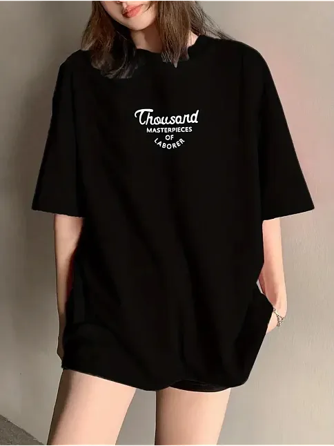 Thousand Ön Arka Baskılı Oversize Bisiklet Yaka T-shirt - Siyah