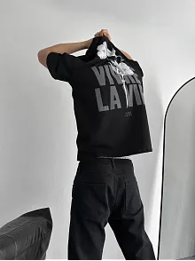 Baskılı Oversize Bisiklet Yaka T-shirt - Siyah