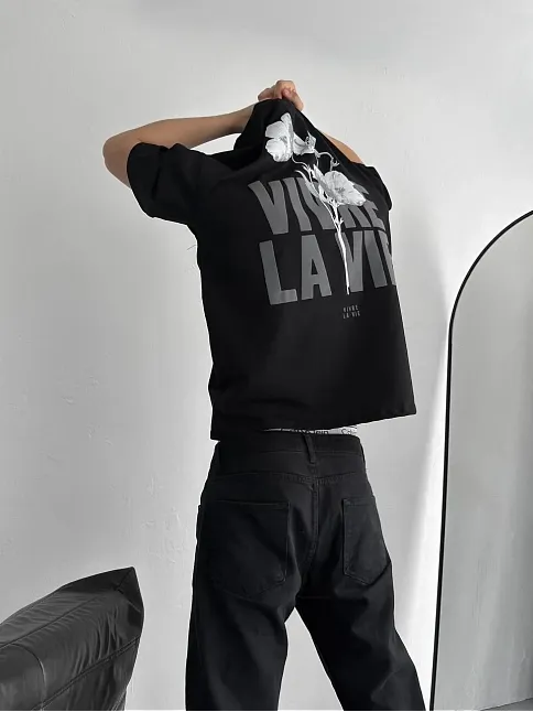 Baskılı Oversize Bisiklet Yaka T-shirt - Siyah