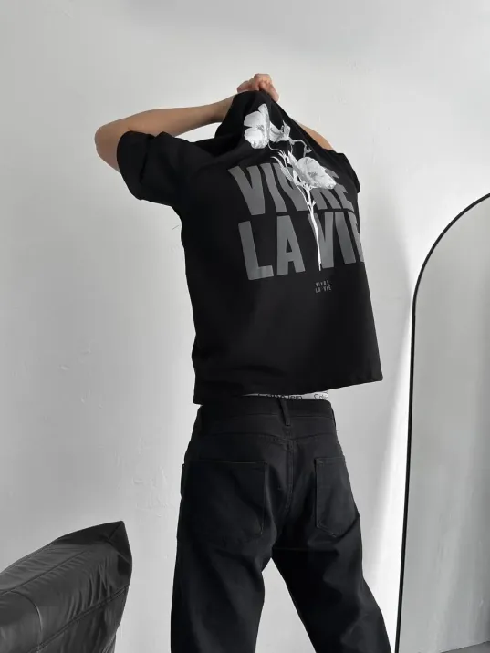 Baskılı Oversize Bisiklet Yaka T-shirt - Siyah Baskılı Oversize Bisiklet Yaka T-shirt - Siyah