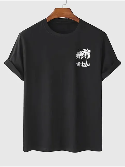 20/1 Penye Compack Palmiye Ön Baskılı Oversize Bisiklet Yaka Kısa Kol Yazlık T-shirt - Siyah