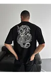 Baskılı Oversize Bisiklet Yaka T-shirt - Siyah