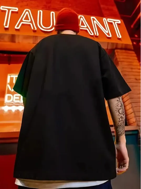 erkek büyük beden Kart baskılı düz renk kısa kollu bisiklet yaka tişört gündelik giyim - Siyah