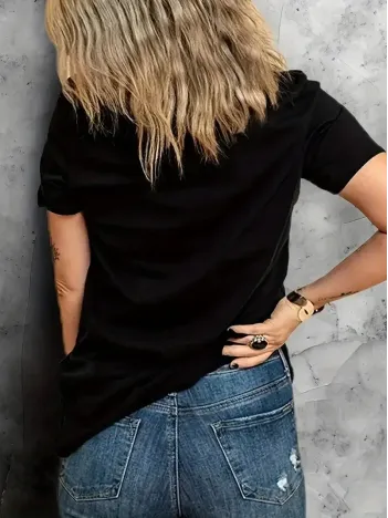 fermuar dudak baskılı tişört bisiklet yaka kısa kollu tişört - Siyah fermuar dudak baskılı tişört bisiklet yaka kısa kollu tişört - Siyah