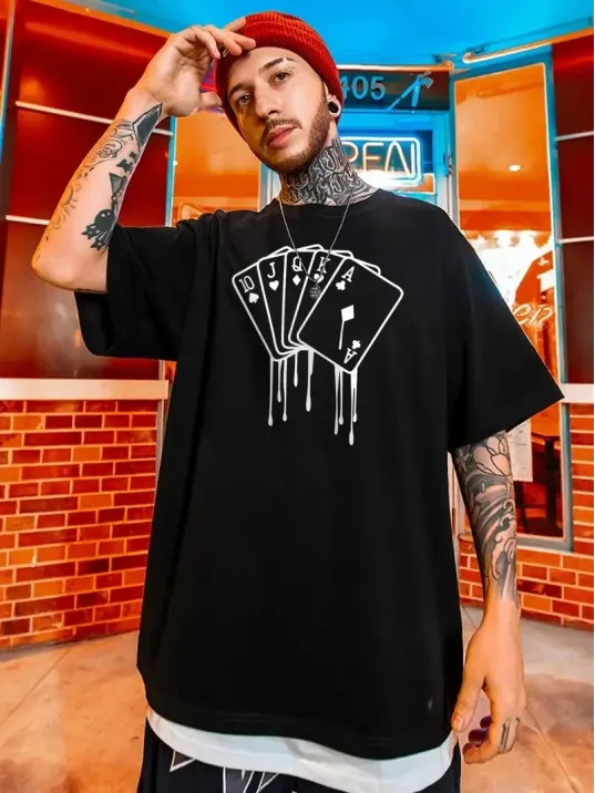 erkek büyük beden Kart baskılı düz renk kısa kollu bisiklet yaka tişört gündelik giyim - Siyah