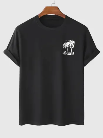 20/1 Penye Compack Palmiye Baskılı Oversize Bisiklet Yaka Kısa Kol T-shirt - Siyah 20/1 Penye Compack Palmiye Baskılı Oversize Bisiklet Yaka Kısa Kol T-shirt - Siyah