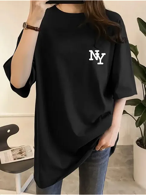 Kadın Eğlenceli Harf Ny Baskılı Bisiklet Yaka Tişört - Rahat Polyester, Makinede Yıkanabilir - Yaz Ve Fitness İçin Mükemmel, Yuvarlak Yaka - Siyah