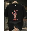 Pembe Panter Baskılı Erkek Oversize Günlük Kısa Kollu Tişört İlkbahar ve Yaz için Mükemmeldir - Siyah