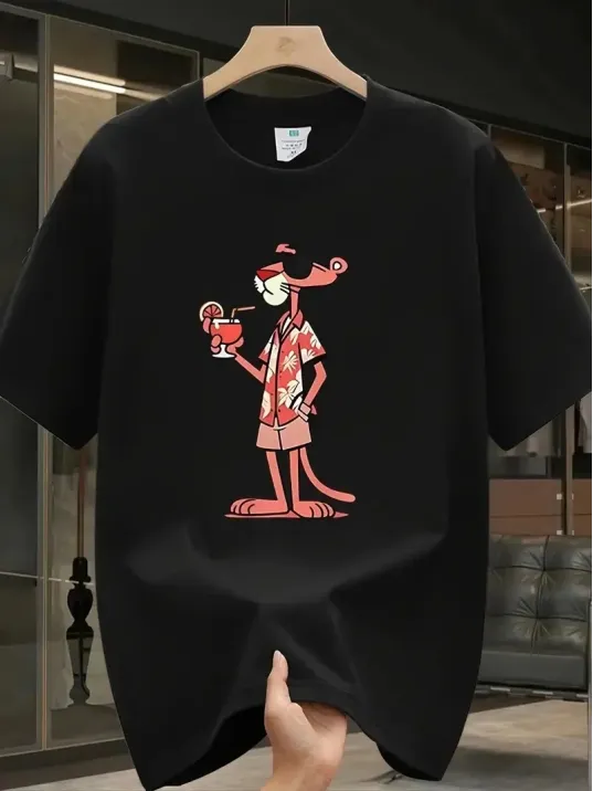 Pembe Panter Baskılı Erkek Oversize Günlük Kısa Kollu Tişört İlkbahar ve Yaz için Mükemmeldir - Siyah Pembe Panter Baskılı Erkek Oversize Günlük Kısa Kollu Tişört İlkbahar ve Yaz için Mükemmeldir - Siyah