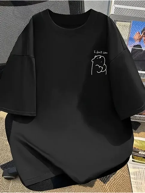 Kadın Bol Kesim T-shirt Ayı Baskılı "Umrumda Değil" Siyah