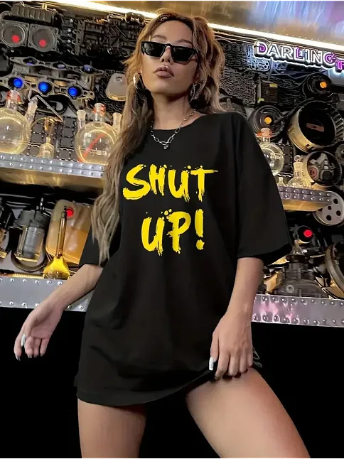 20/1 Penye Compack Shut Up Baskılı Oversize Bisiklet Yaka Kısa Kol T-shirt - Siyah