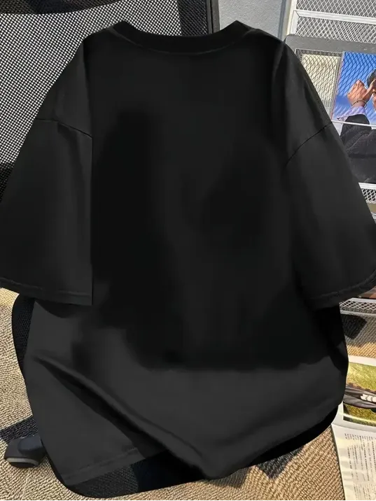 [Günlük T-Shirt] Hafif Kadın Günlük T-Shirt | Bol Kesim, Kısa Kollu, Yuvarlak Yaka, Eğlenceli Karikatür Ayı ve "Umrumda Değil" Baskı - Günlük Stil, İlkbahar/Yaz- Siyah