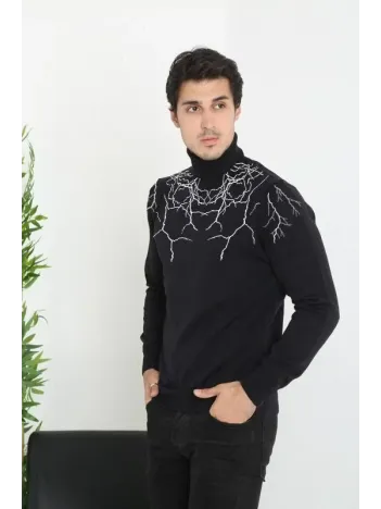 Baskılı Tam Boğazlı Uzun Kol Dokuma Triko - Siyah