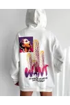 Baskılı Üç İplik Kapüşonlu Oversize Sweatshirt - Beyaz