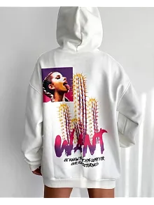 Baskılı Üç İplik Kapüşonlu Oversize Sweatshirt - Beyaz