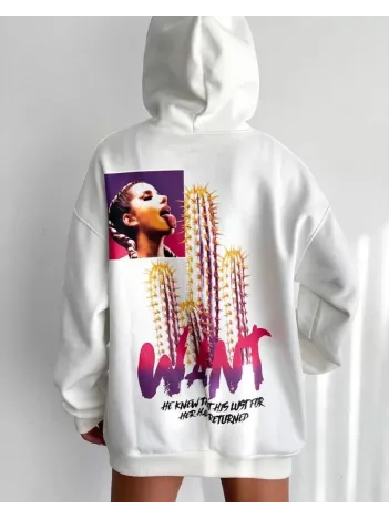 Baskılı Üç İplik Kapüşonlu Oversize Sweatshirt - Beyaz Baskılı Üç İplik Kapüşonlu Oversize Sweatshirt - Beyaz