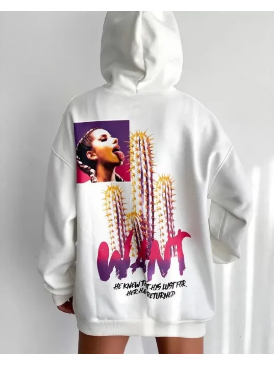 Baskılı Üç İplik Kapüşonlu Oversize Sweatshirt - Beyaz Baskılı Üç İplik Kapüşonlu Oversize Sweatshirt - Beyaz