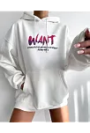 Baskılı Üç İplik Kapüşonlu Oversize Sweatshirt - Beyaz