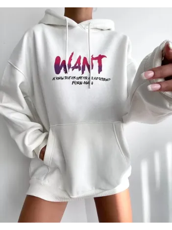 Baskılı Üç İplik Kapüşonlu Oversize Sweatshirt - Beyaz Baskılı Üç İplik Kapüşonlu Oversize Sweatshirt - Beyaz