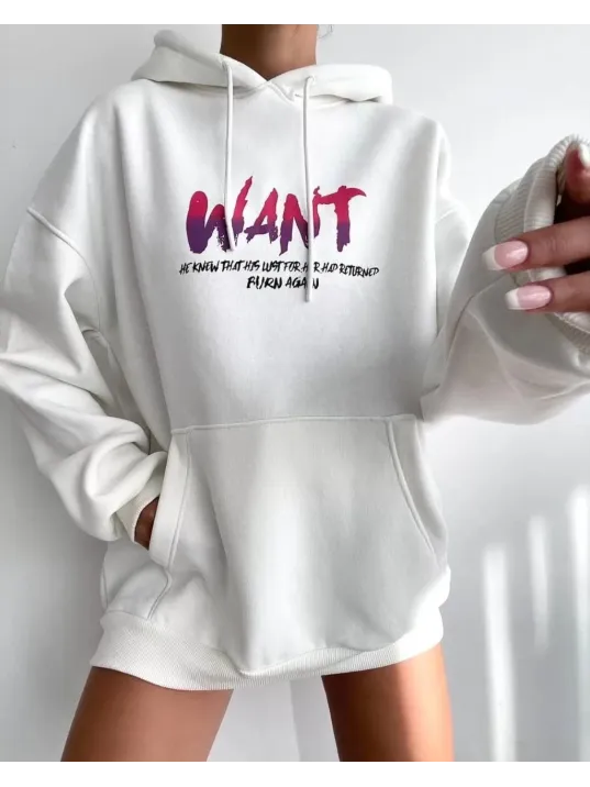 Baskılı Üç İplik Kapüşonlu Oversize Sweatshirt - Beyaz Baskılı Üç İplik Kapüşonlu Oversize Sweatshirt - Beyaz