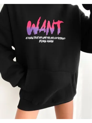 Baskılı Üç İplik Kapüşonlu Oversize Sweatshirt - Siyah Baskılı Üç İplik Kapüşonlu Oversize Sweatshirt - Siyah