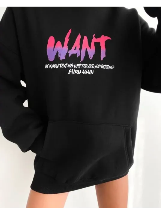 Baskılı Üç İplik Kapüşonlu Oversize Sweatshirt - Siyah Baskılı Üç İplik Kapüşonlu Oversize Sweatshirt - Siyah