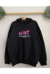 Baskılı Üç İplik Kapüşonlu Oversize Sweatshirt - Siyah