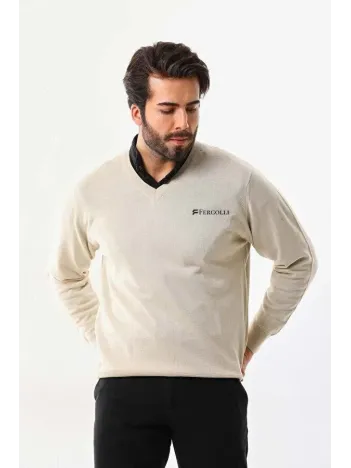 Baskılı V Yaka Uzun Kol Dokuma Triko - Bej Baskılı V Yaka Uzun Kol Dokuma Triko - Bej