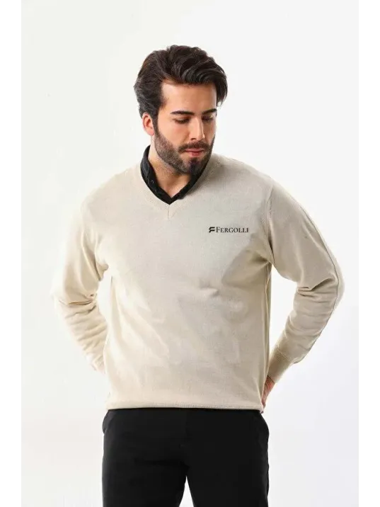 Baskılı V Yaka Uzun Kol Dokuma Triko - Bej Baskılı V Yaka Uzun Kol Dokuma Triko - Bej