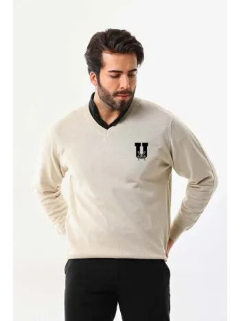 Baskılı V Yaka Uzun Kol Dokuma Triko - Bej Baskılı V Yaka Uzun Kol Dokuma Triko - Bej