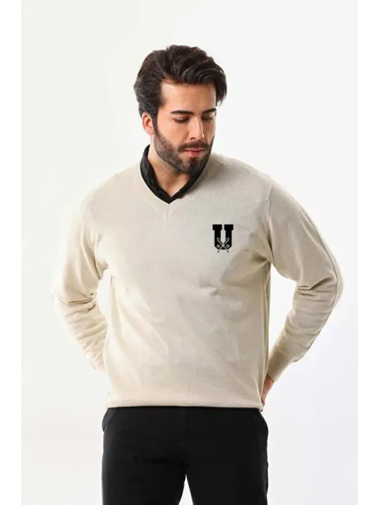 Baskılı V Yaka Uzun Kol Dokuma Triko - Bej Baskılı V Yaka Uzun Kol Dokuma Triko - Bej