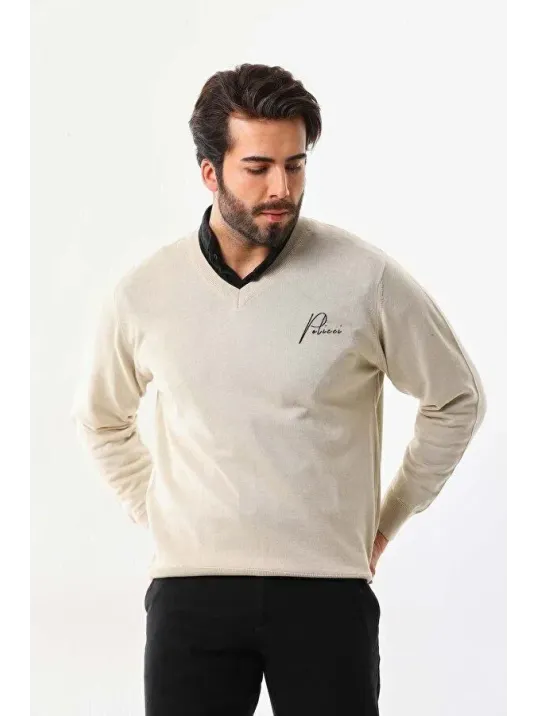 Baskılı V Yaka Uzun Kol Dokuma Triko - Bej Baskılı V Yaka Uzun Kol Dokuma Triko - Bej