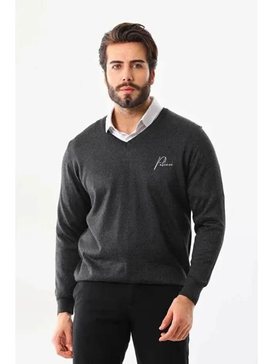 Baskılı V Yaka Uzun Kol Dokuma Triko - Füme Baskılı V Yaka Uzun Kol Dokuma Triko - Füme