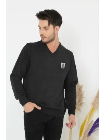 Baskılı V Yaka Uzun Kol Dokuma Triko - Füme Baskılı V Yaka Uzun Kol Dokuma Triko - Füme