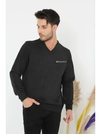 Baskılı V Yaka Uzun Kol Dokuma Triko - Füme Baskılı V Yaka Uzun Kol Dokuma Triko - Füme