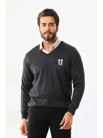 Baskılı V Yaka Uzun Kol Dokuma Triko - Füme Baskılı V Yaka Uzun Kol Dokuma Triko - Füme