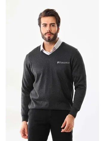 Baskılı V Yaka Uzun Kol Dokuma Triko - Füme Baskılı V Yaka Uzun Kol Dokuma Triko - Füme