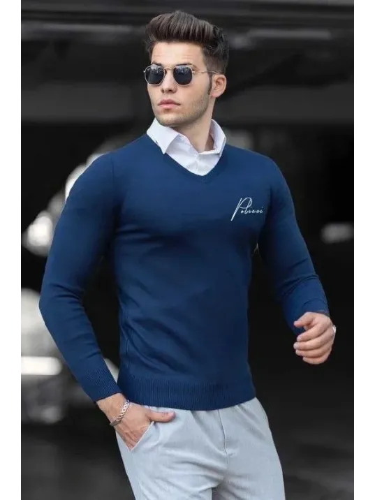 Baskılı V Yaka Uzun Kol Dokuma Triko - Indigo Baskılı V Yaka Uzun Kol Dokuma Triko - Indigo