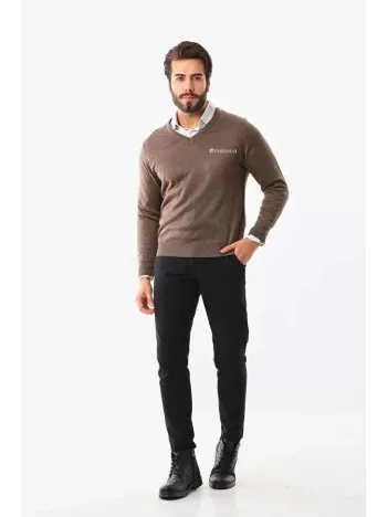 Baskılı V Yaka Uzun Kol Dokuma Triko - Kahve Baskılı V Yaka Uzun Kol Dokuma Triko - Kahve