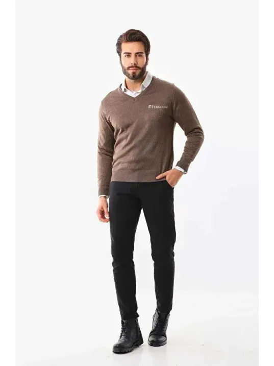 Baskılı V Yaka Uzun Kol Dokuma Triko - Kahve Baskılı V Yaka Uzun Kol Dokuma Triko - Kahve