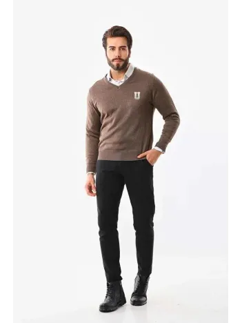 Baskılı V Yaka Uzun Kol Dokuma Triko - Kahve Baskılı V Yaka Uzun Kol Dokuma Triko - Kahve
