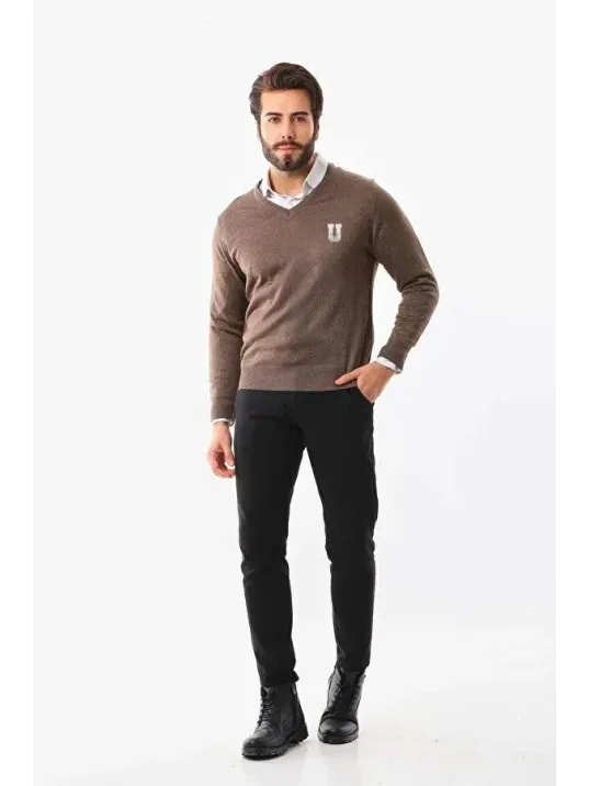 Baskılı V Yaka Uzun Kol Dokuma Triko - Kahve Baskılı V Yaka Uzun Kol Dokuma Triko - Kahve