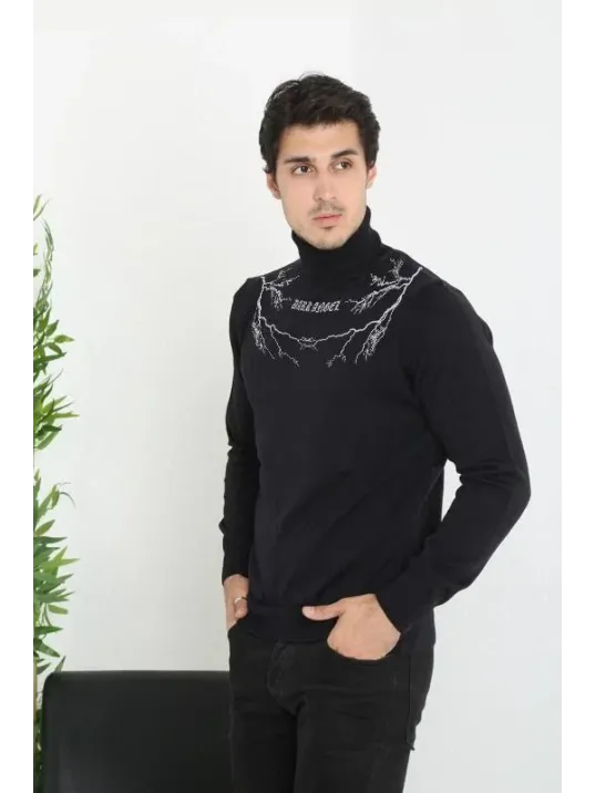 Baskılı Tam Boğazlı Uzun Kol Dokuma Triko - Siyah