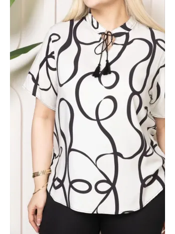 Kadın Desenli Püsküllü Viskon Bluz Bebe Yaka Kısa Kollu Big Size Rahat Kesim - Desenli
