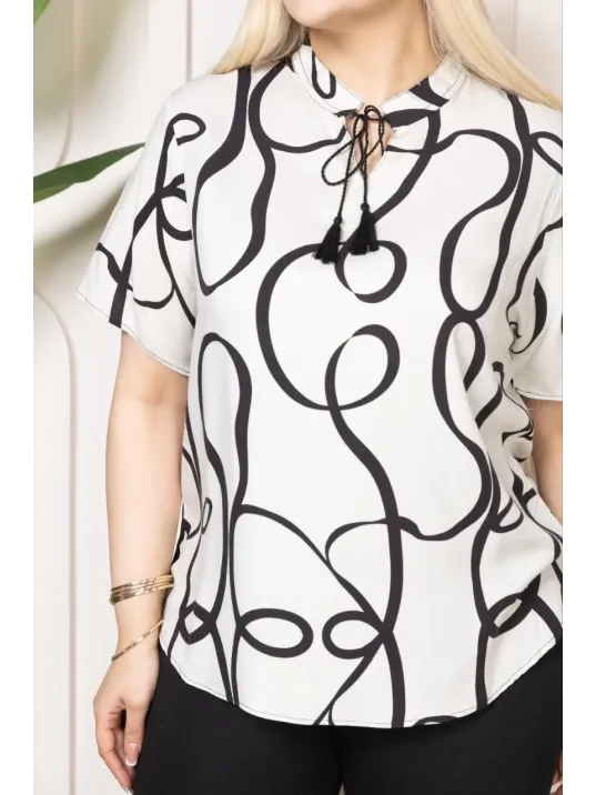Kadın Desenli Püsküllü Viskon Bluz Bebe Yaka Kısa Kollu Big Size Rahat Kesim - Desenli