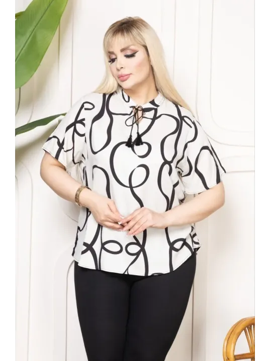 Kadın Desenli Püsküllü Viskon Bluz Bebe Yaka Kısa Kollu Big Size Rahat Kesim - Desenli