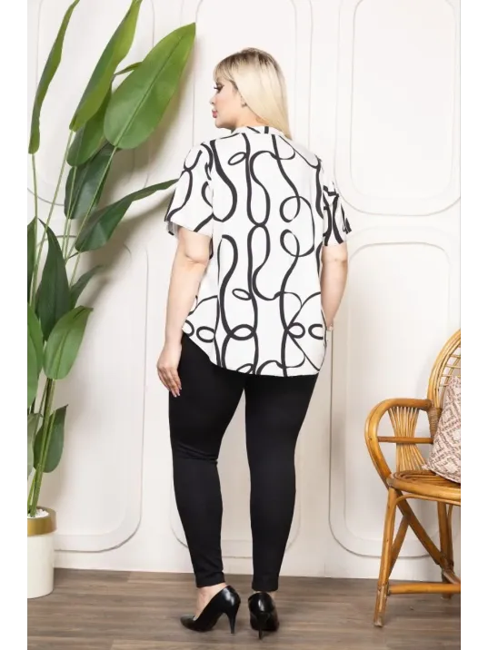 Kadın Desenli Püsküllü Viskon Bluz Bebe Yaka Kısa Kollu Big Size Rahat Kesim - Desenli